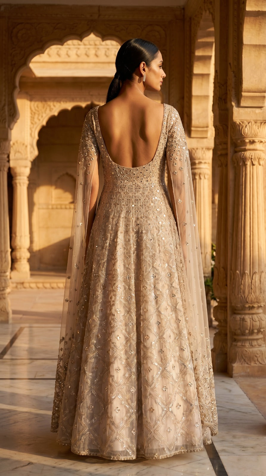 Champagne Mirror Work Cape Sleeve Gown