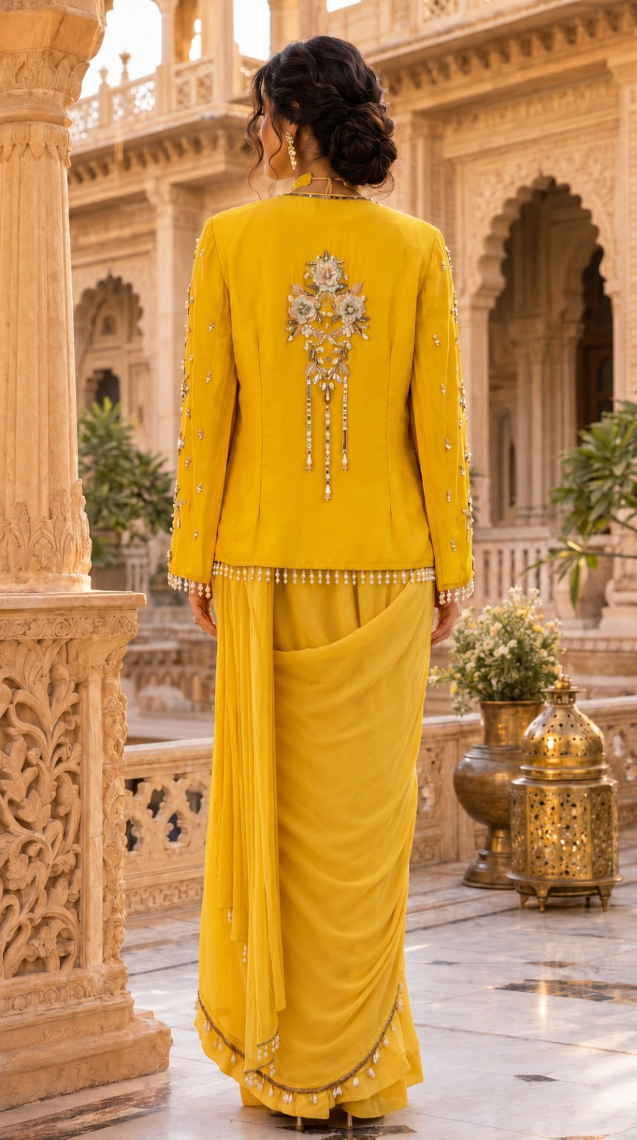 Sunshine Yellow Pre-Draped Georgette Saree with Cape Jacket