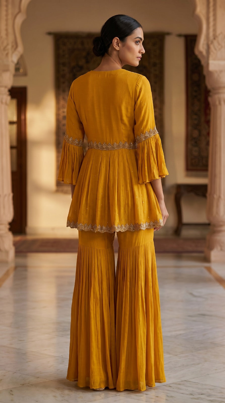 Mustard Chinon Chiffon Peplum Sharara Set