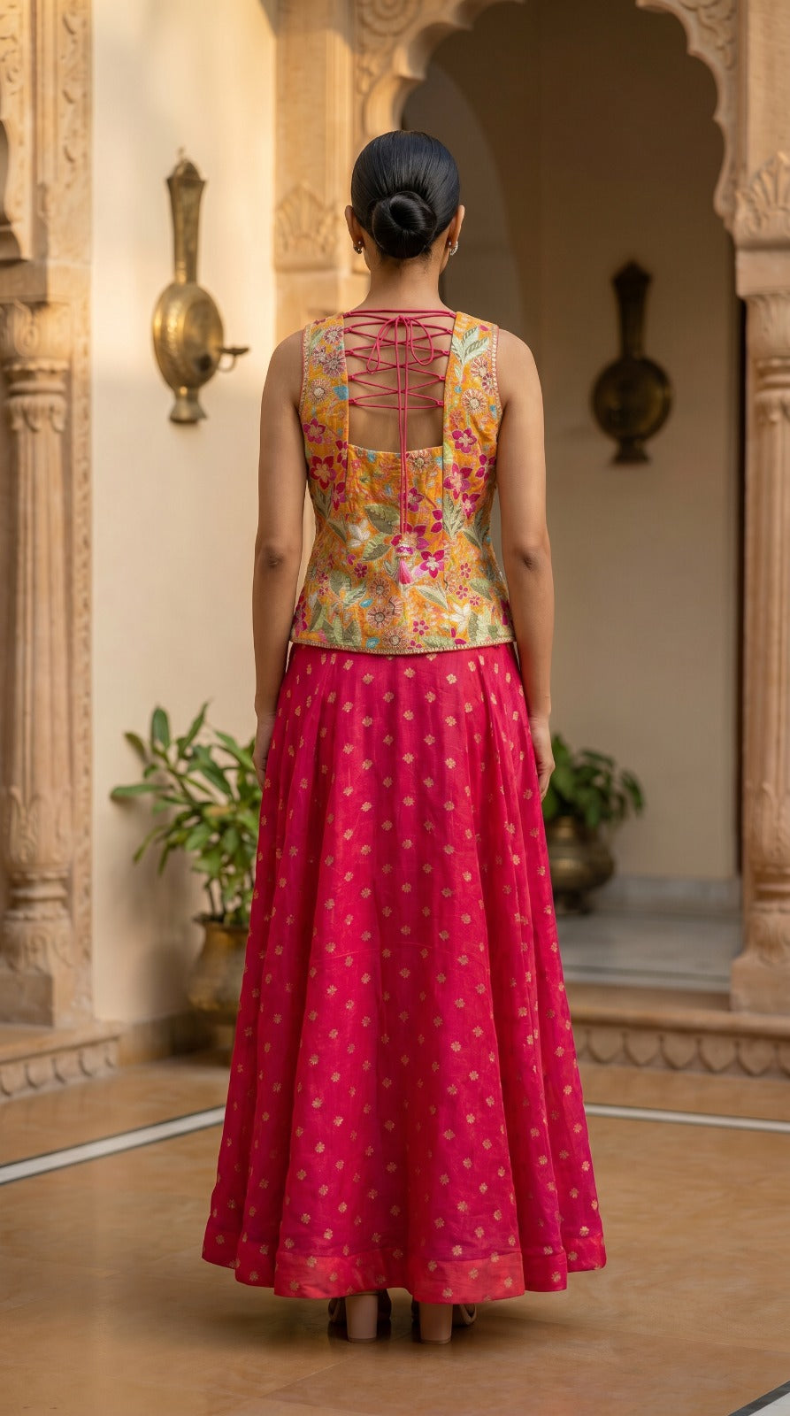 Pink Jacquard Silk Floral Embroidered Lehenga Set