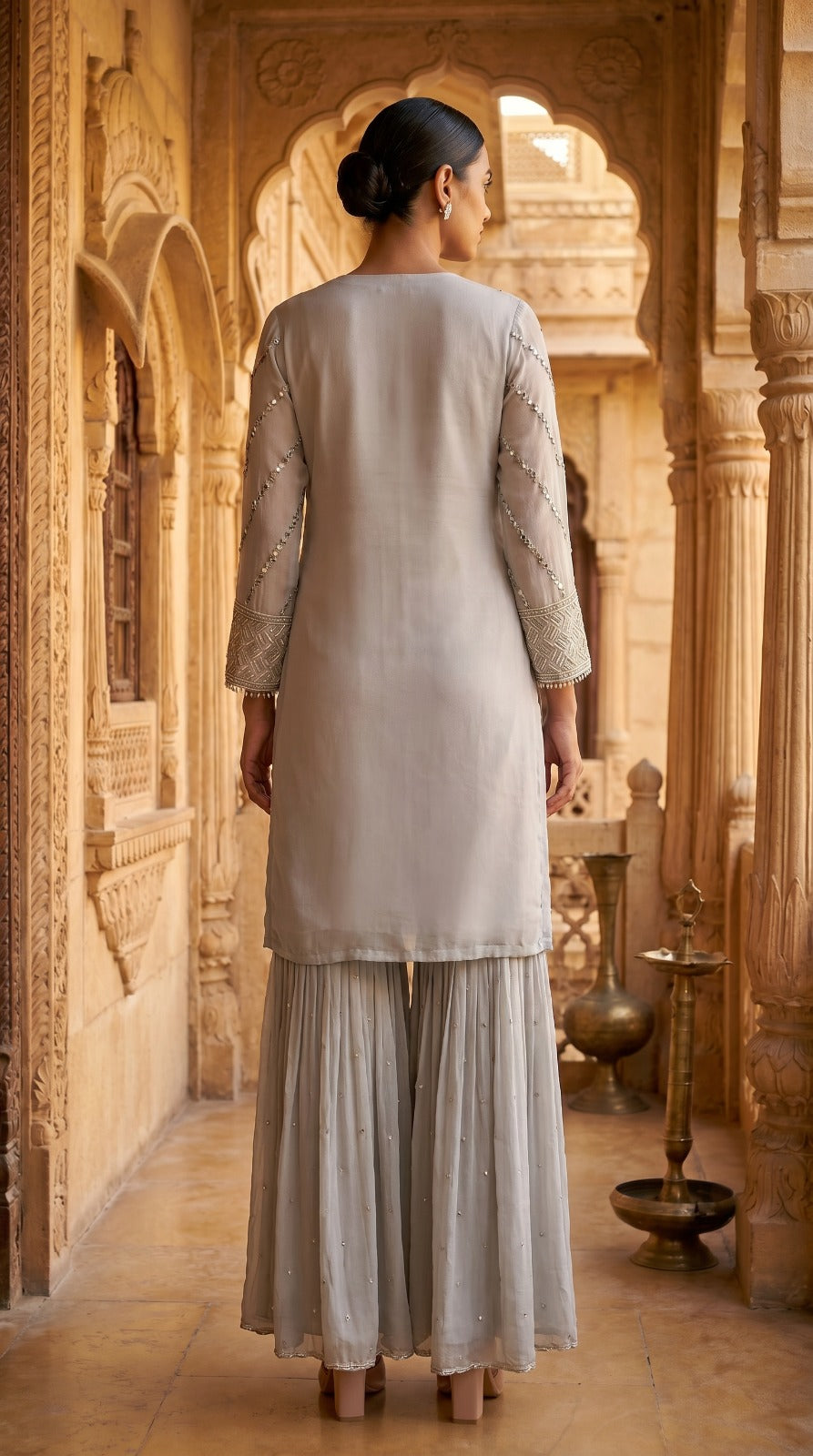 Silver Grey Chinon Chiffon Mirror Work Sharara Set