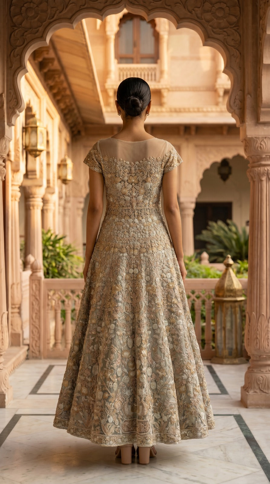 Champagne Gold Floral Hand Embroidered Net Lehenga Set