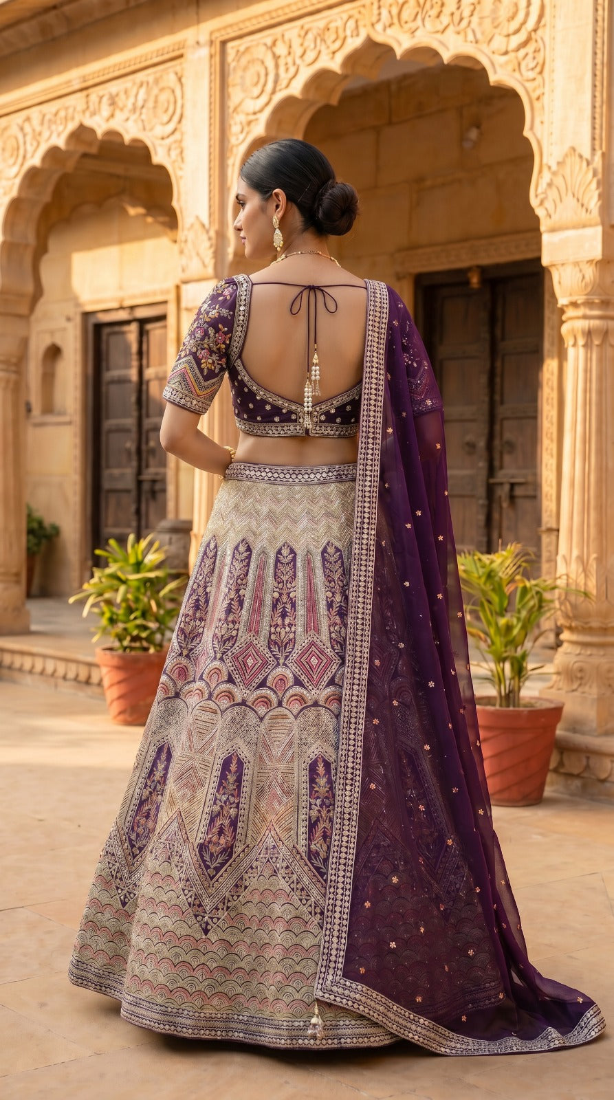 Royal Purple Silk Machine Embroidered Lehenga Set