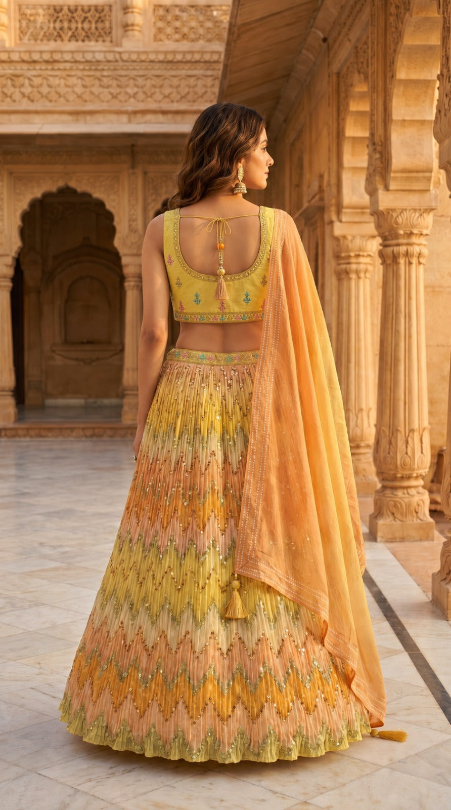 Yellow Peach Ombré Chevron Embroidered Georgette Lehenga Set