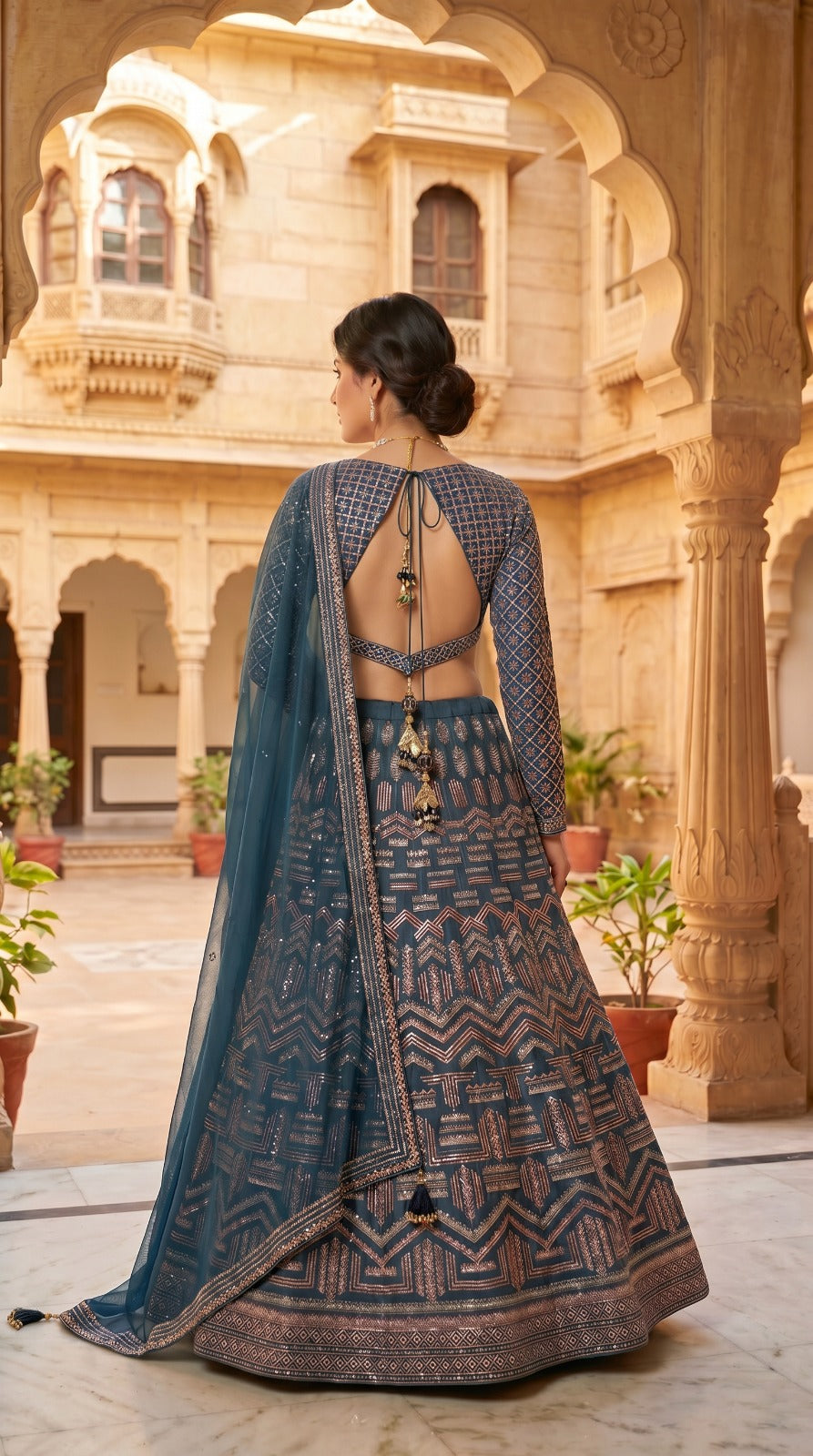 Teal Blue Geometric Embroidered Silk Full Sleeve Lehenga Set