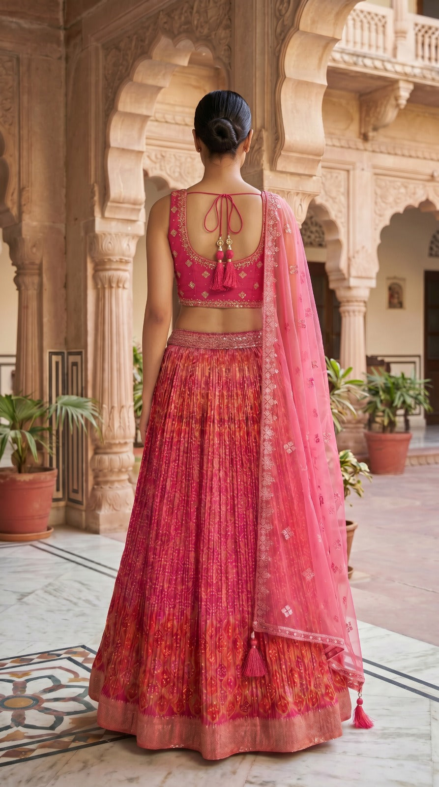 Vibrant Pink Embroidered Silk Lehenga Set