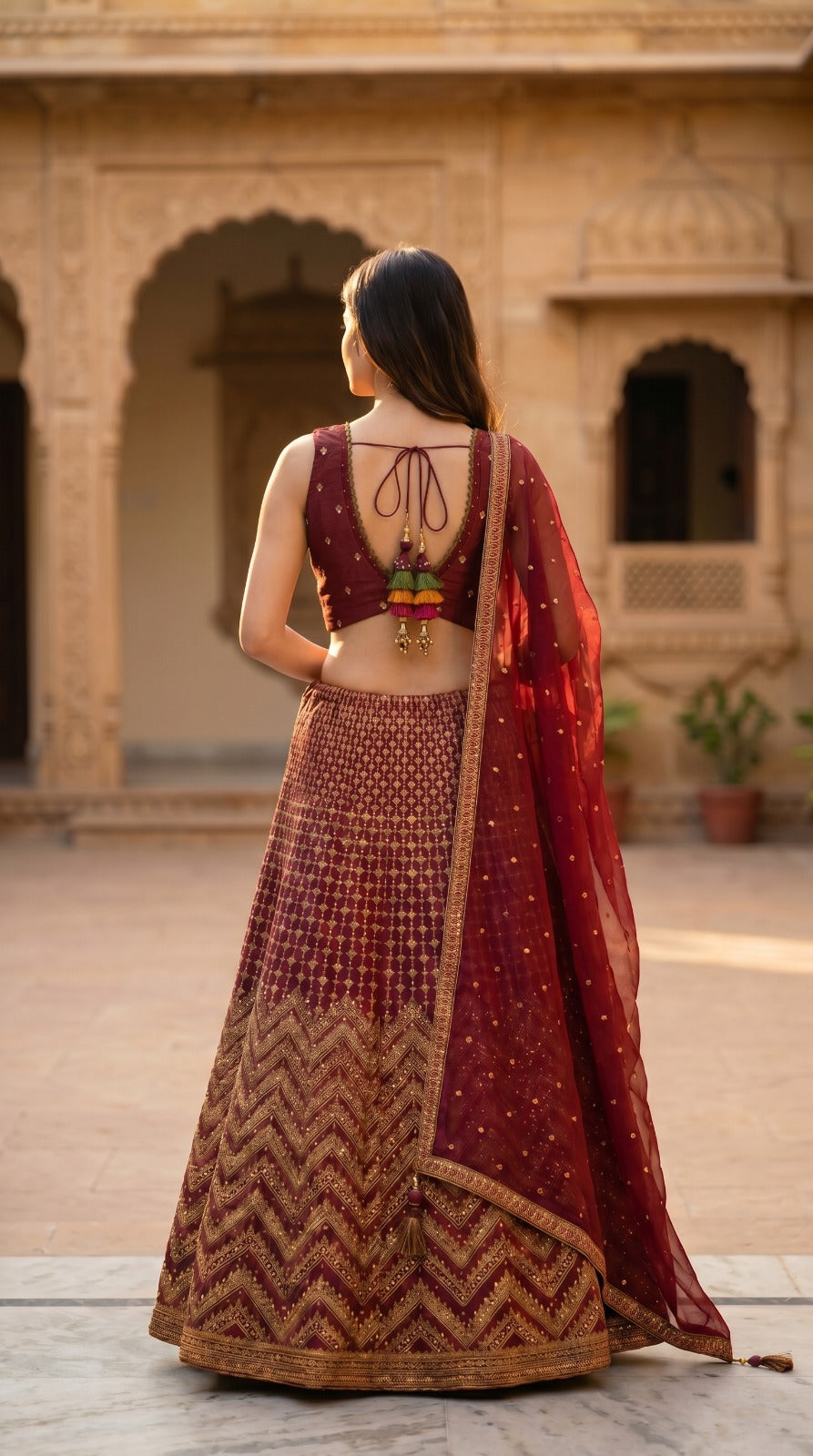 Wine Red Geometric Embroidered Silk Lehenga Set