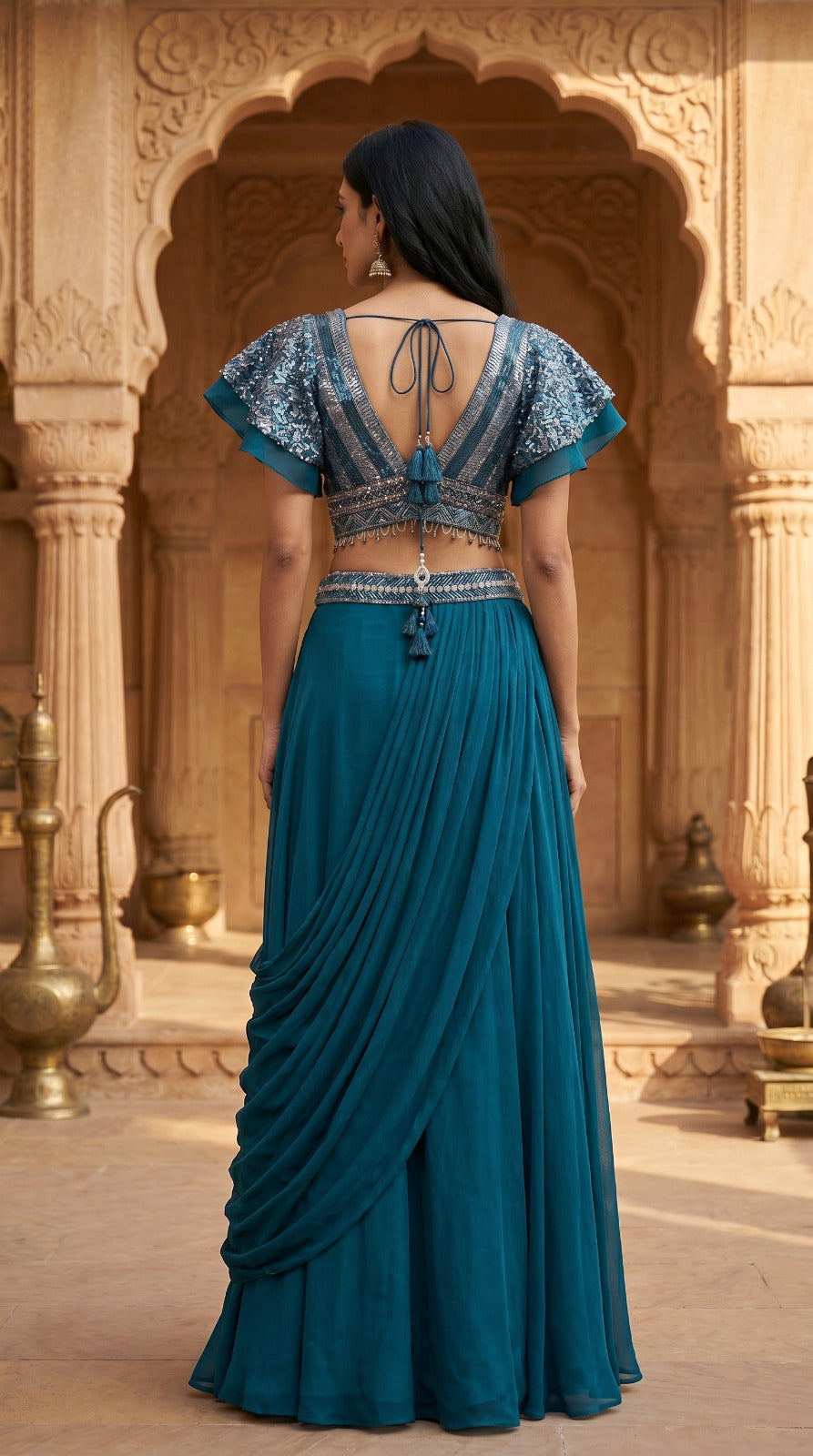Teal Sequin Ruffle Sleeve Lehenga Set