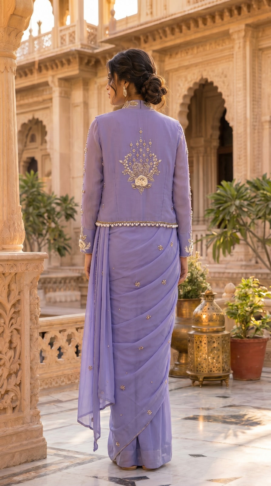 Lavender Georgette Embroidered Jacket Lehenga Set