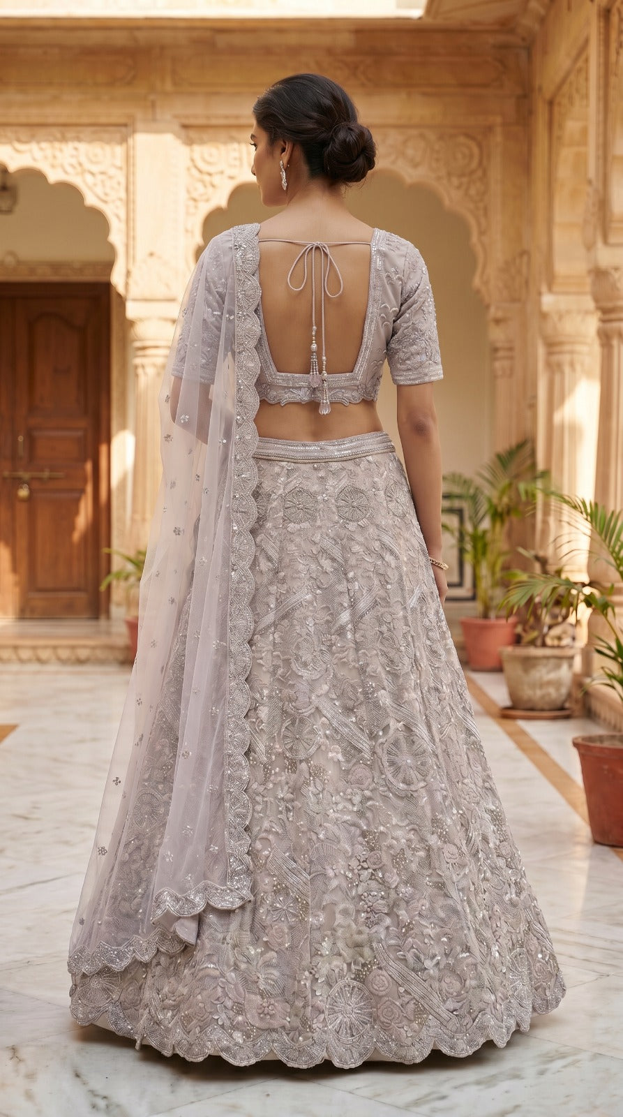 Silver Grey Premium Silk Embroidered Lehenga Set