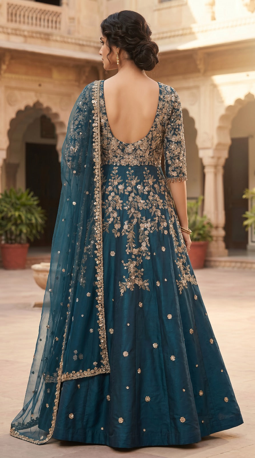 Royal Teal Premium Silk Embroidered Anarkali Set