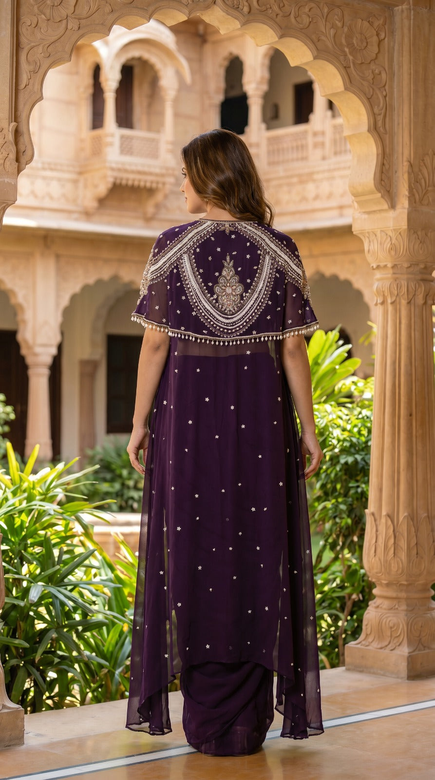 Plum Georgette Embroidered Cape Jacket Drape Co-ord Set