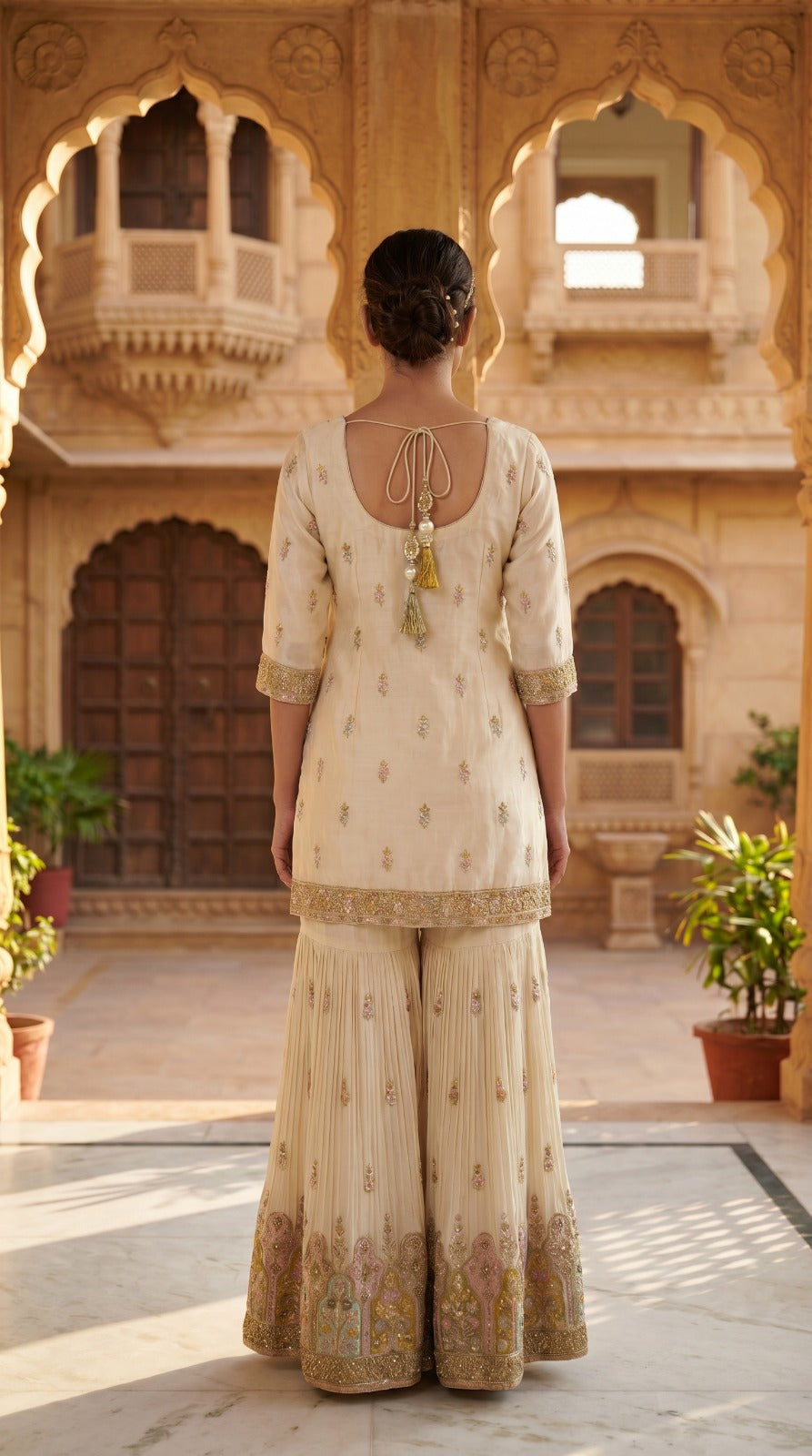 Ivory Premium Silk Embroidered Sharara Set