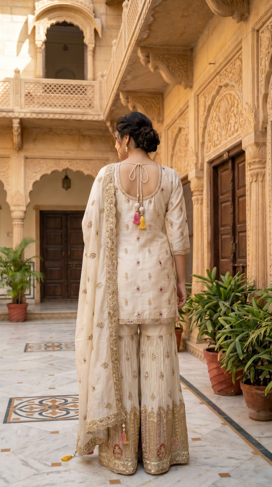 Ivory Premium Silk Embroidered Sharara Set with Organza Dupatta