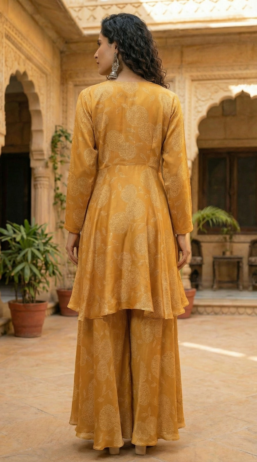 Yellow Asymmetric Kurta Set With Flared Palazzo And Chiffon Dupatta