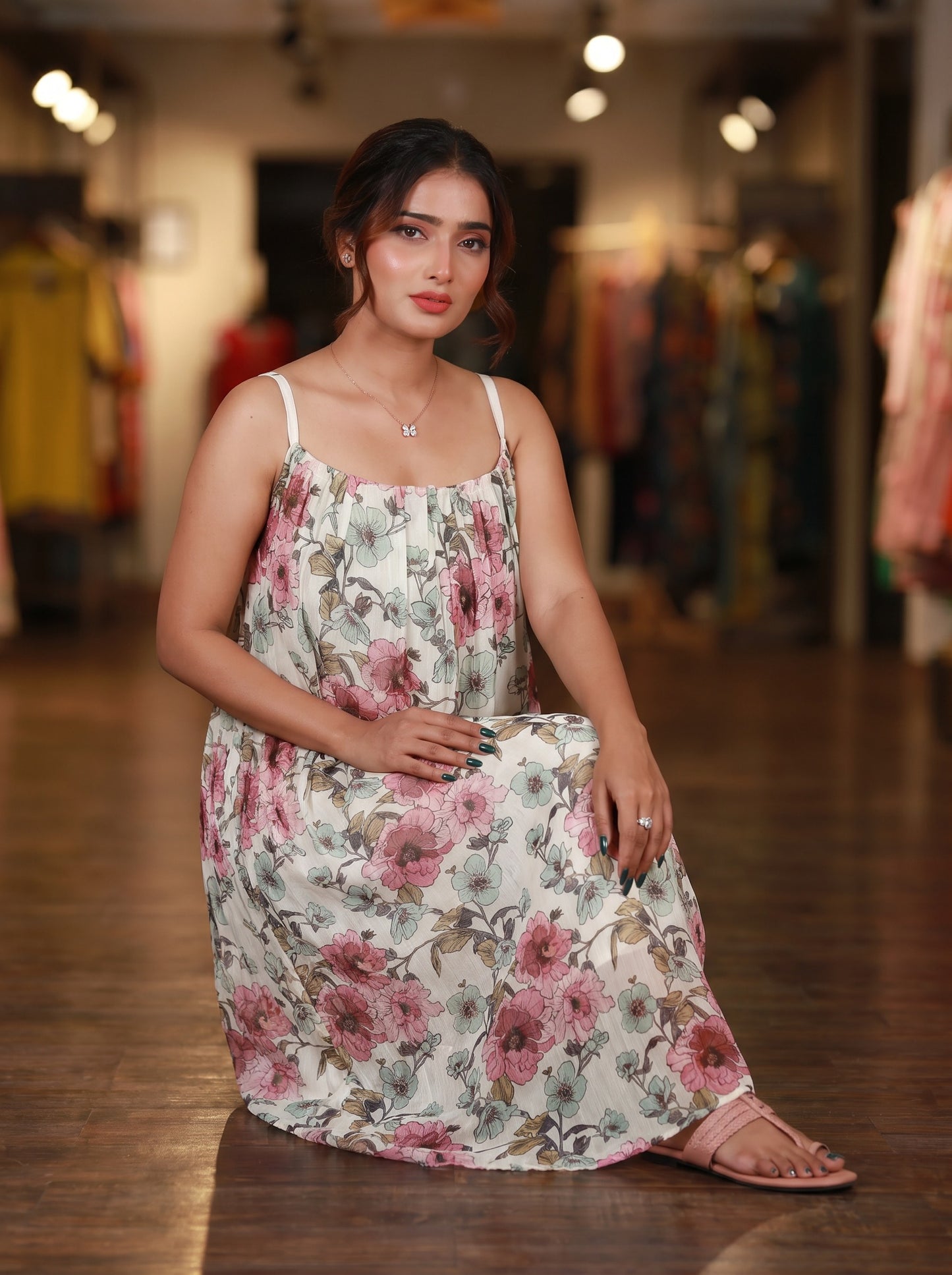 White Floral Strappy Maxi Dress