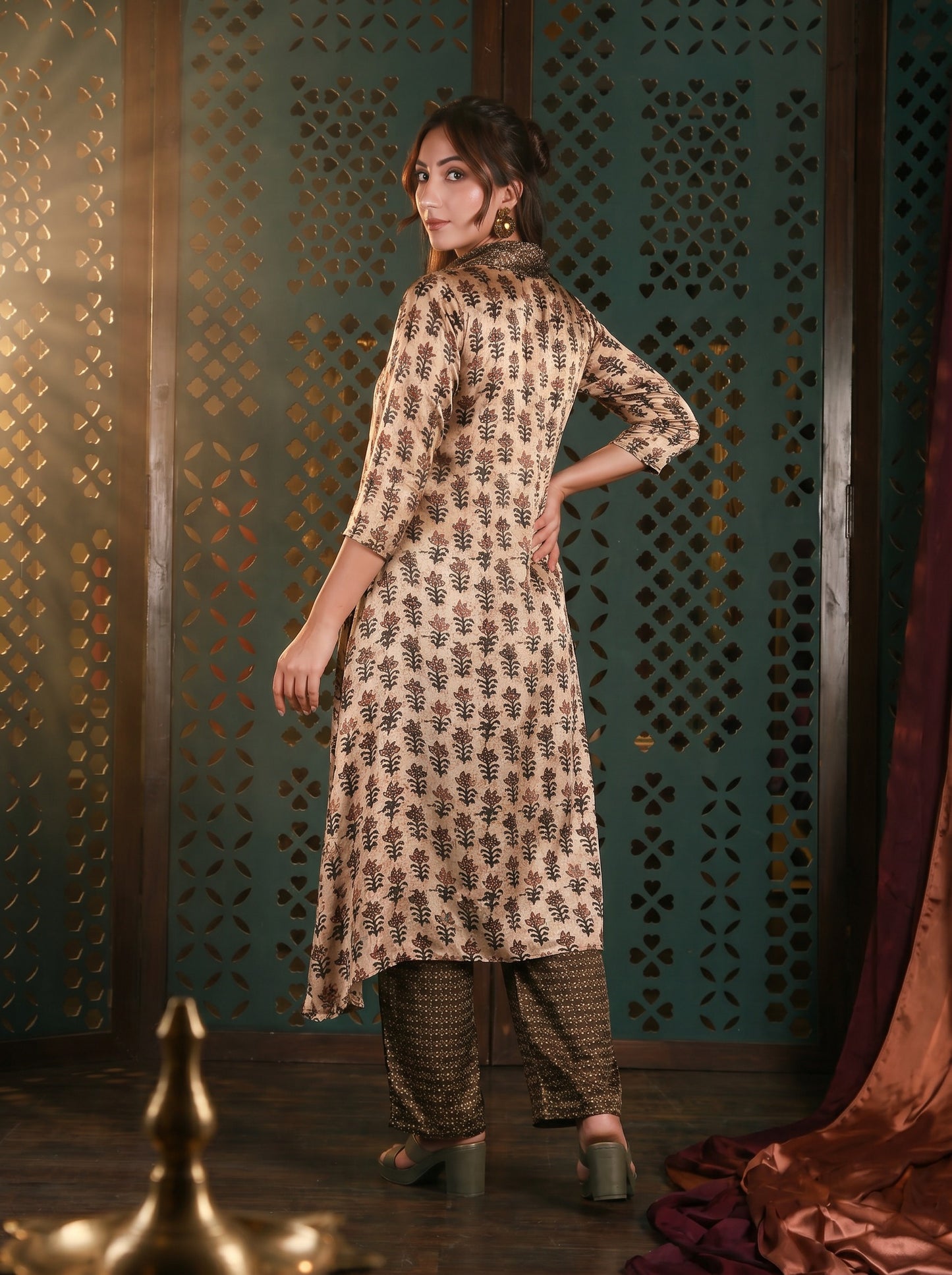 Beige Cowl Neck Printed Co-ord Set