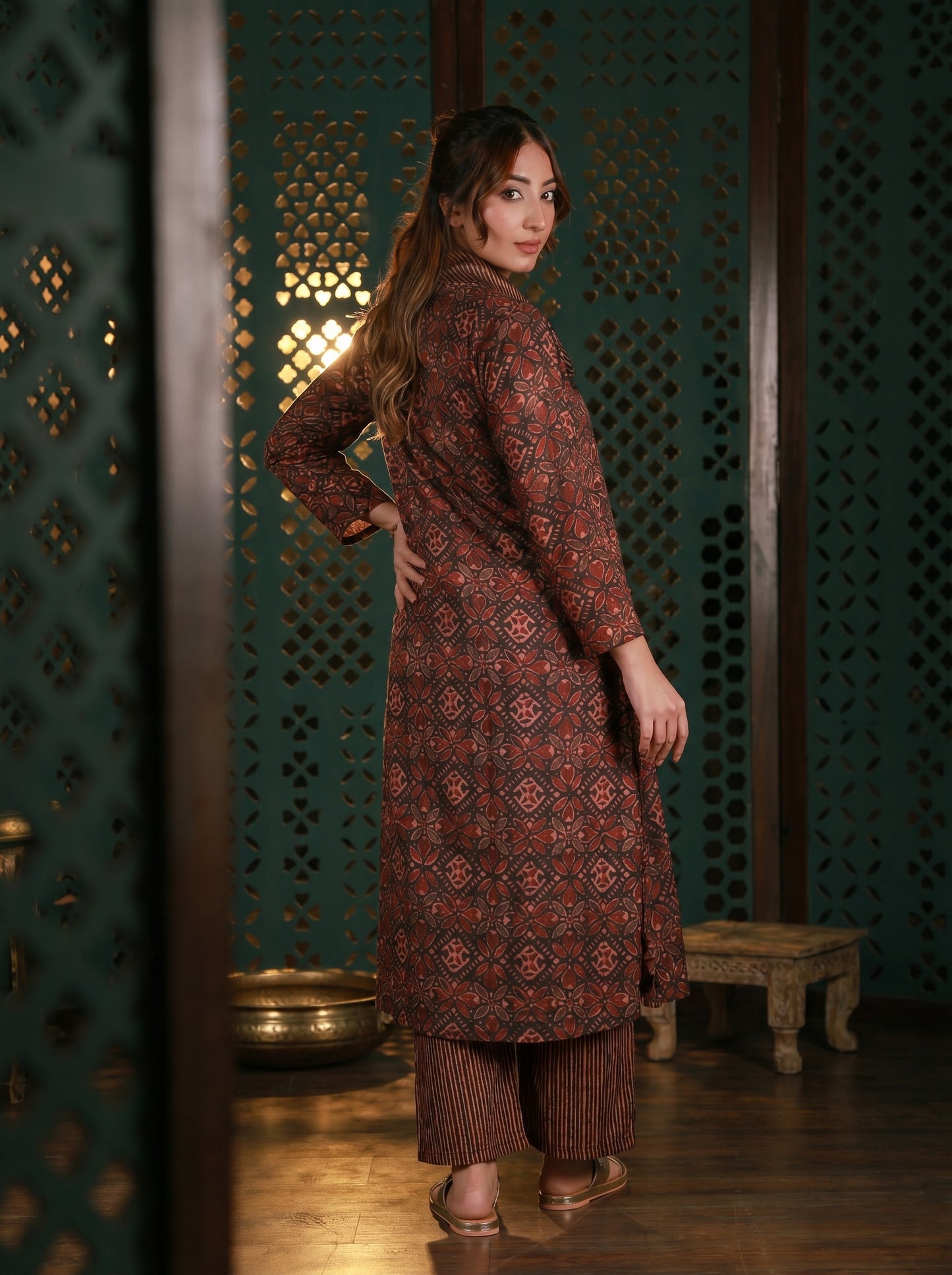 Brown Cowl Neck Printed Co-ord Set