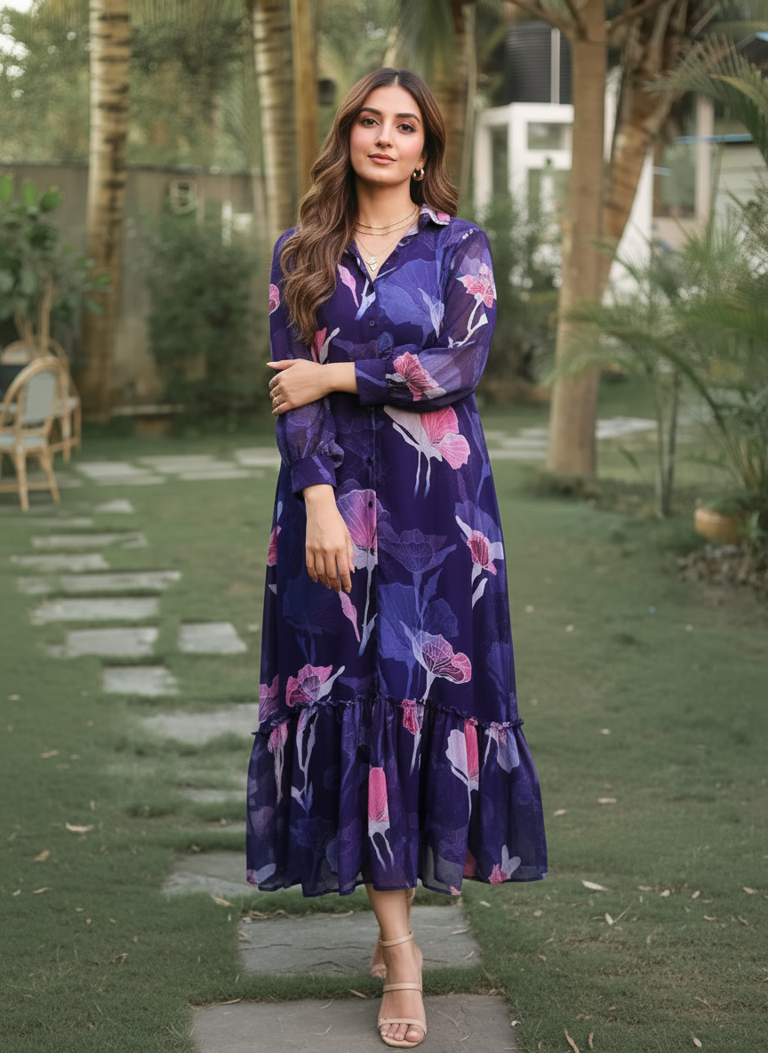 Midnight Bloom Frill-purple Dress