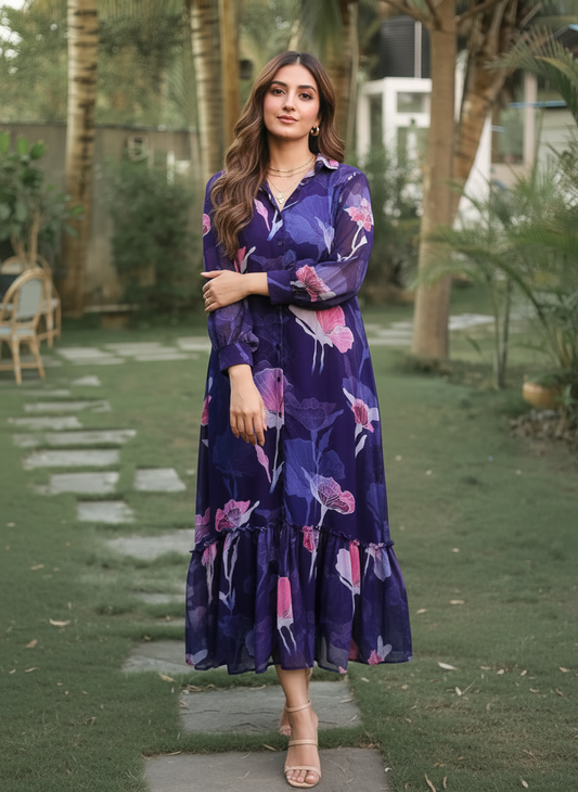 Midnight Bloom Frill-purple Dress