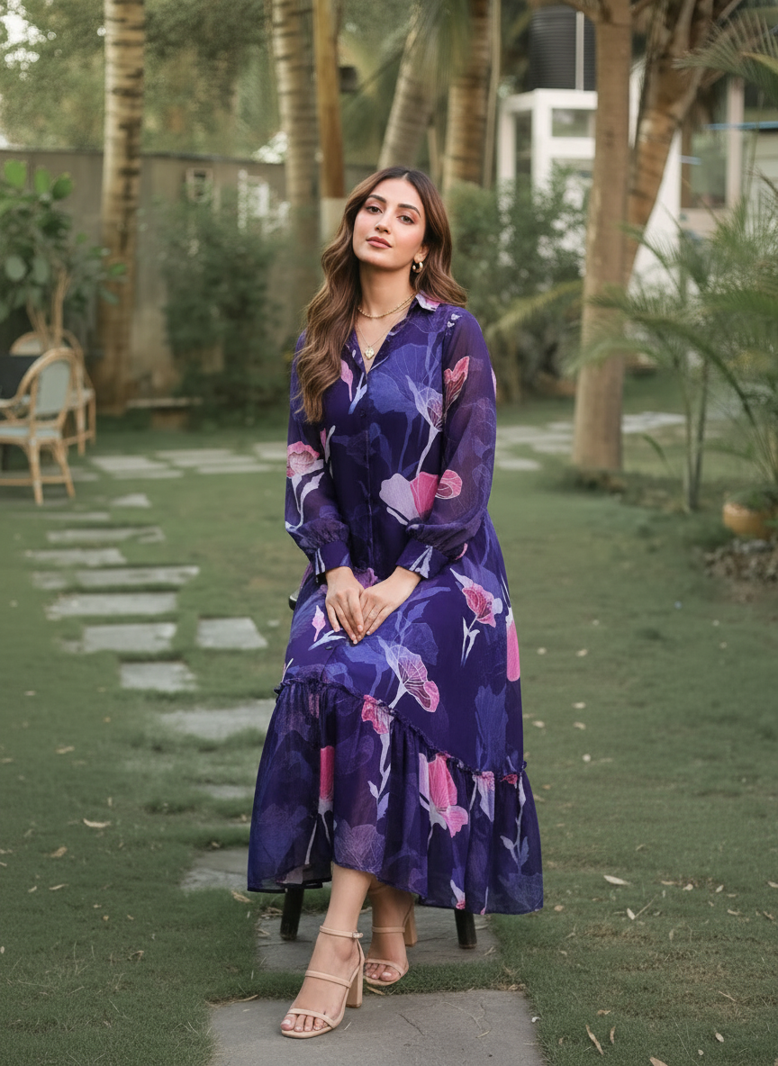 Midnight Bloom Frill-purple Dress