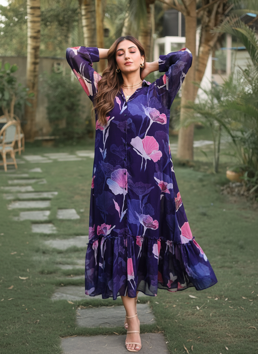 Midnight Bloom Frill-purple Dress