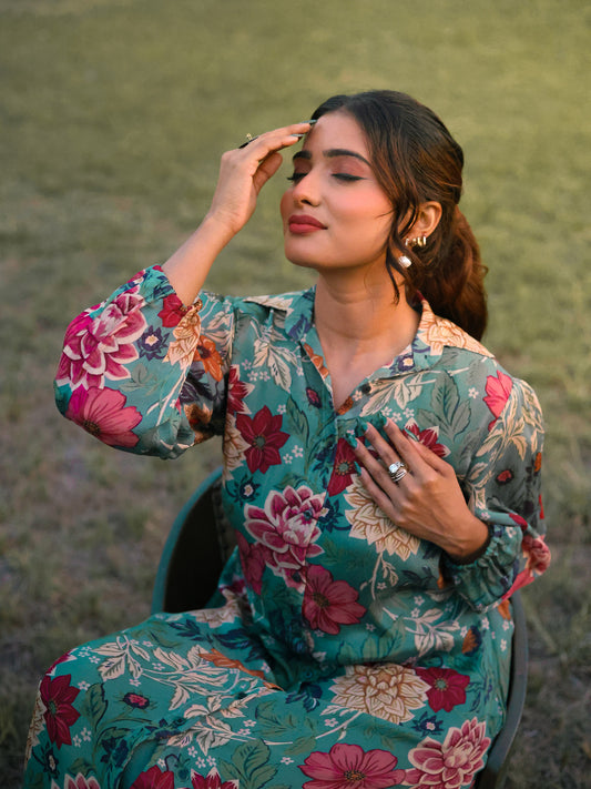 Teal Green Floral Chinnon Chiffon Dress