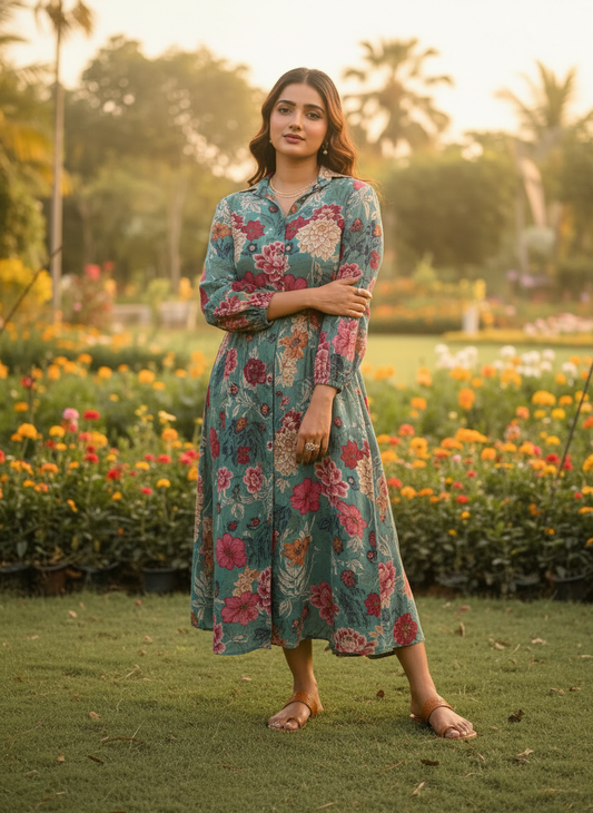 Teal Green Floral Chinnon Chiffon Dress