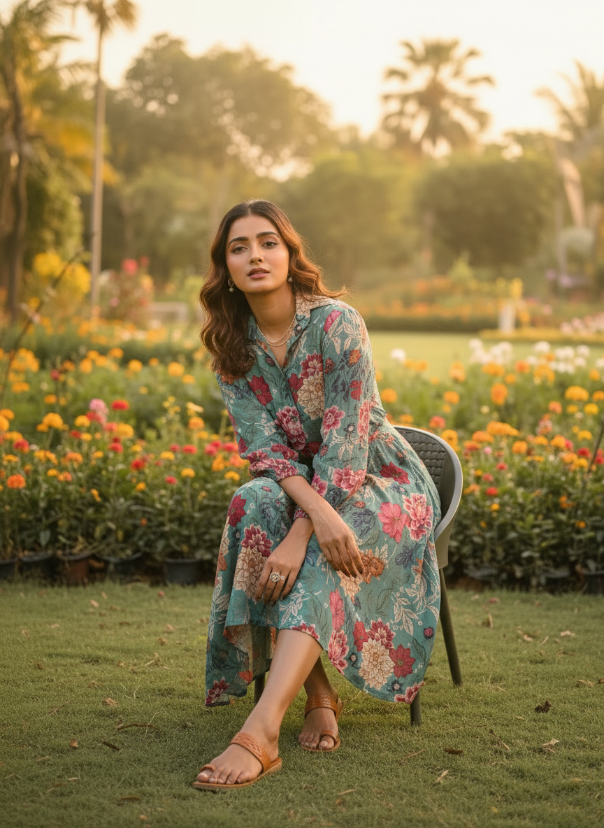 Teal Green Floral Chinnon Chiffon Dress