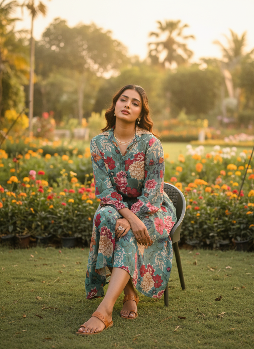 Teal Green Floral Chinnon Chiffon Dress