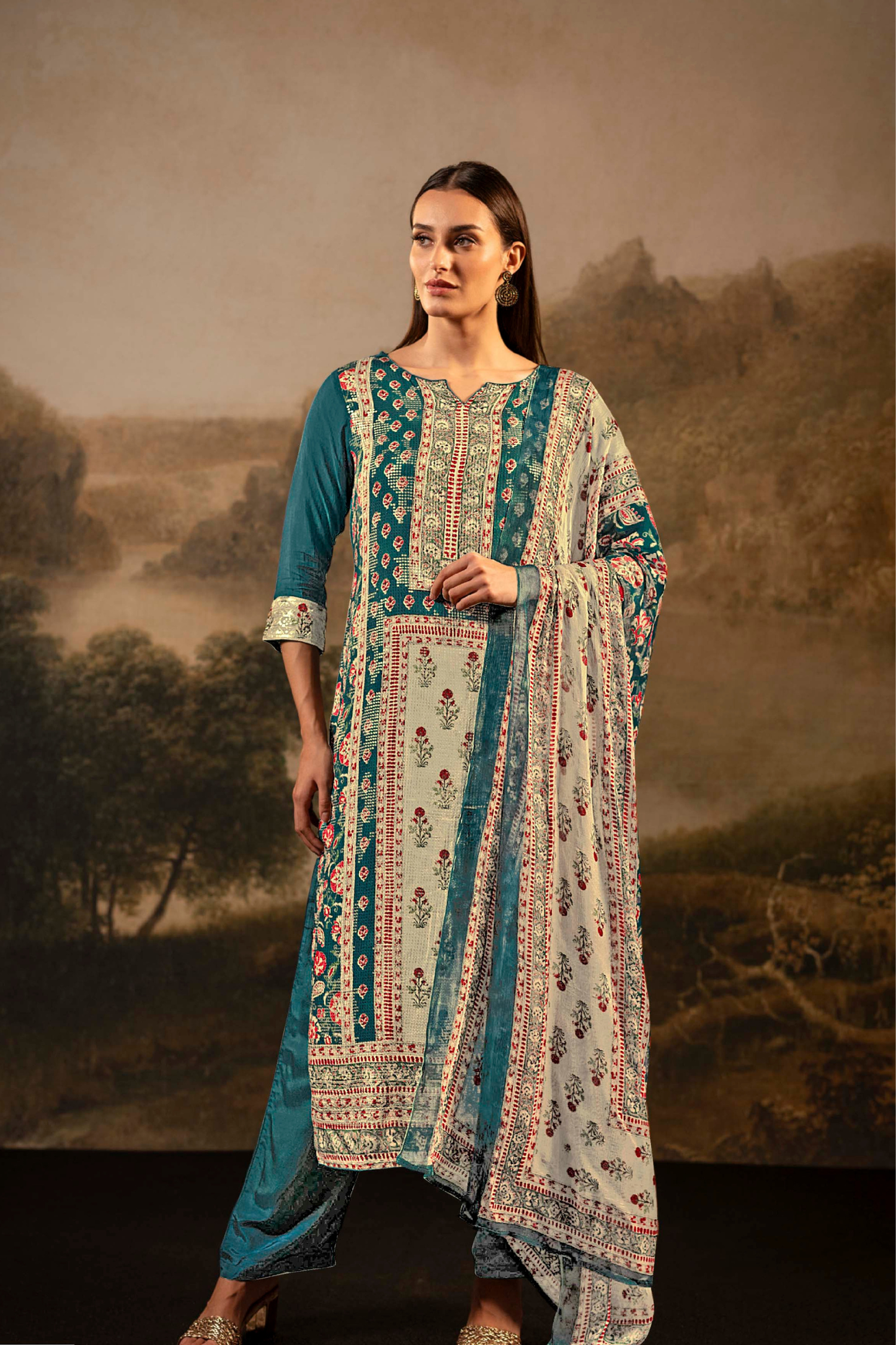 Premium Muslin Suit Set with Sequin Work & Floral Print - 3 Piece