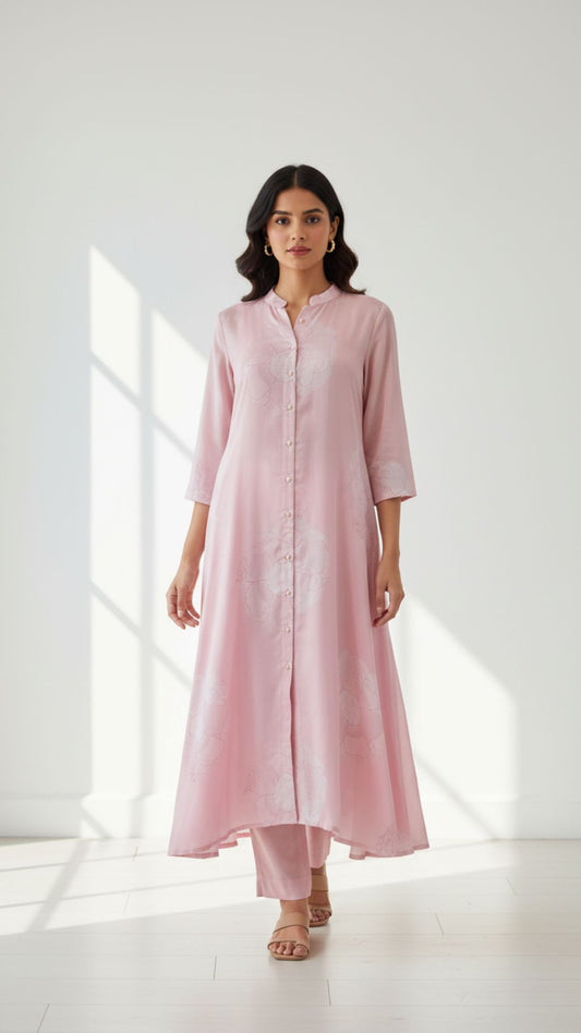 Blush Pink Muslin Button-Down Kurta Set