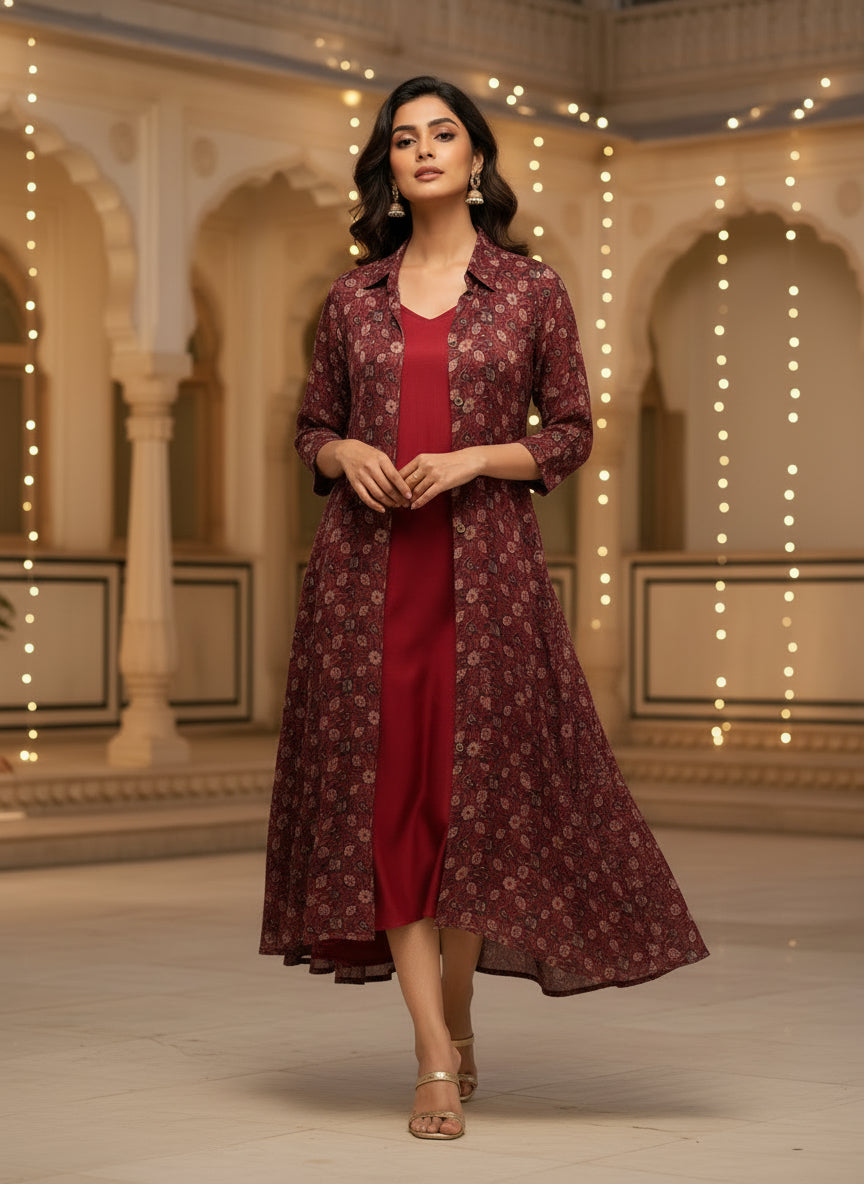 Maroon Printed Jacket & Inner Pure Bemberg Modal Set