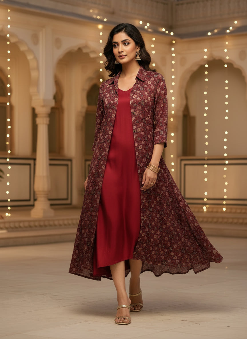 Maroon Printed Jacket & Inner Pure Bemberg Modal Set