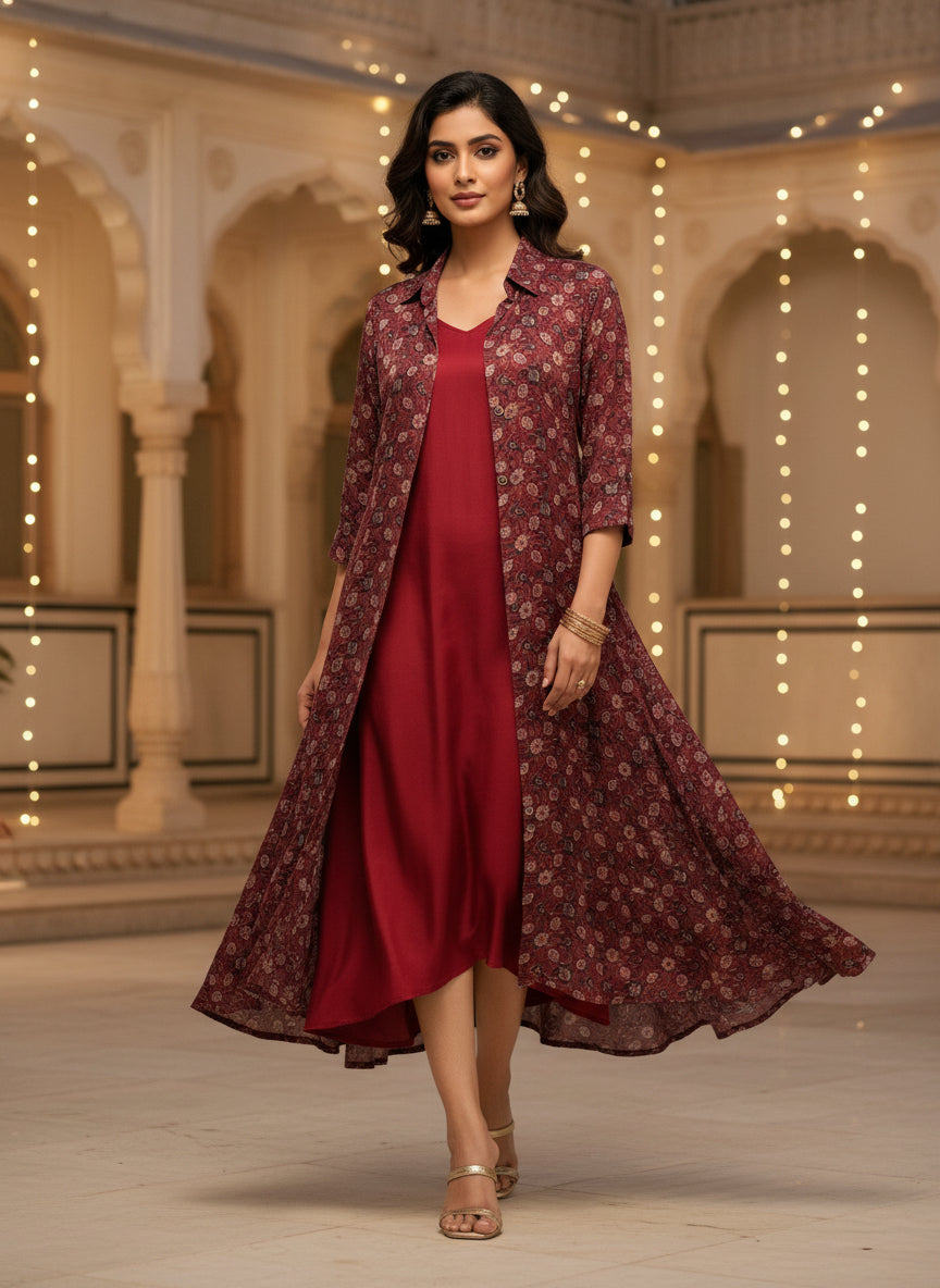 Maroon Printed Jacket & Inner Pure Bemberg Modal Set