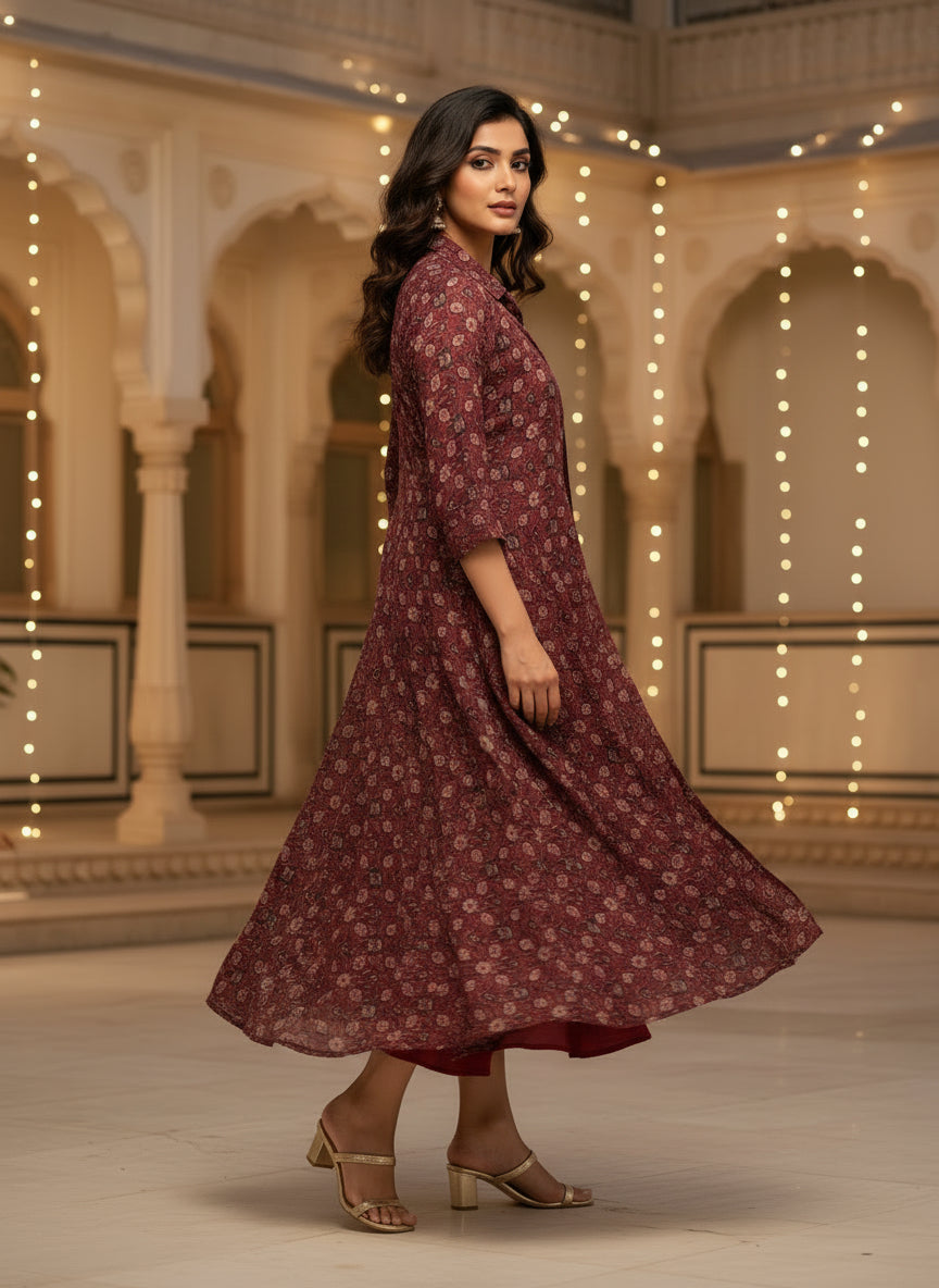 Maroon Printed Jacket & Inner Pure Bemberg Modal Set