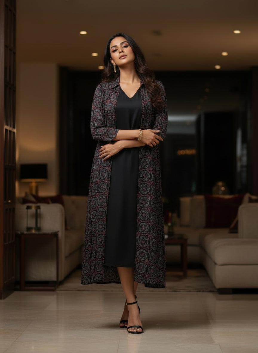 Black Modal Inner with Printed Long Jacket Set