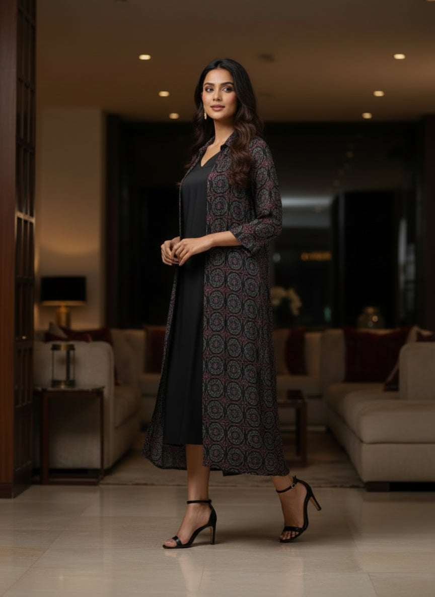 Black Modal Inner with Printed Long Jacket Set