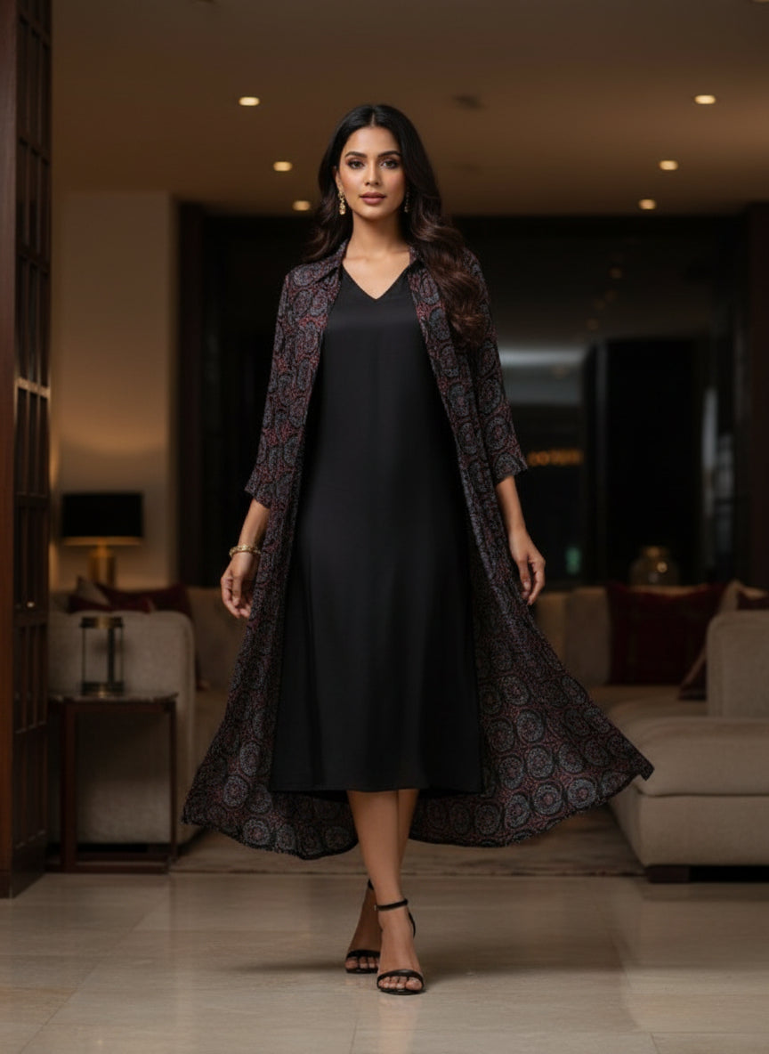 Black Modal Inner with Printed Long Jacket Set