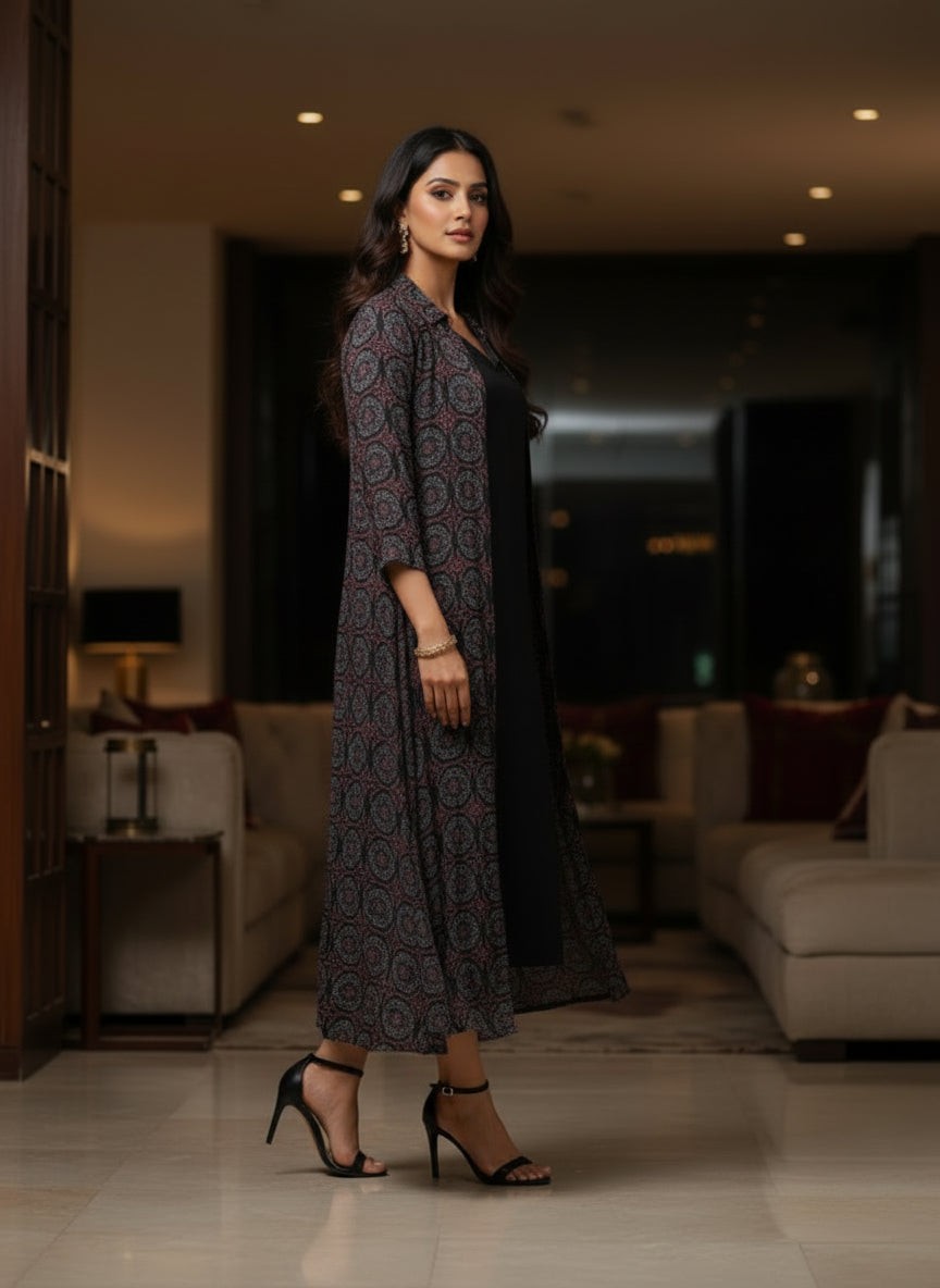 Black Modal Inner with Printed Long Jacket Set