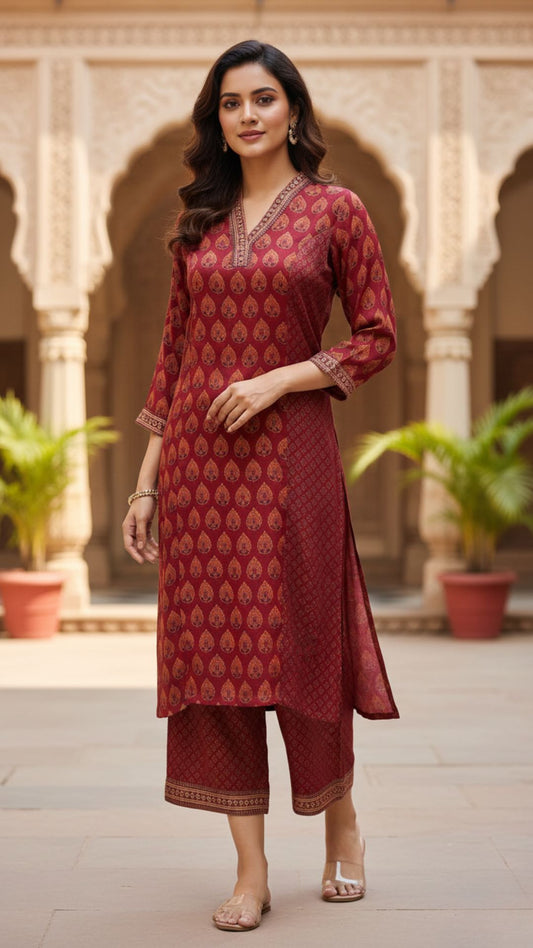 Maroon Handblock Printed Modal Kurta Set