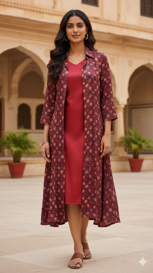 Maroon Printed Jacket & Inner Modal Satin Set