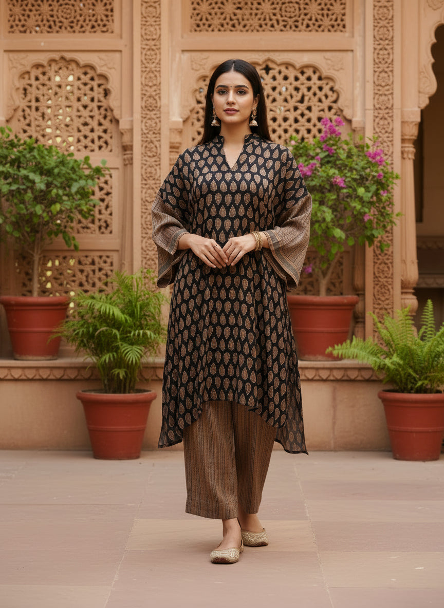 Black & Brown Printed Pure Bemberg Modal Kurta Set