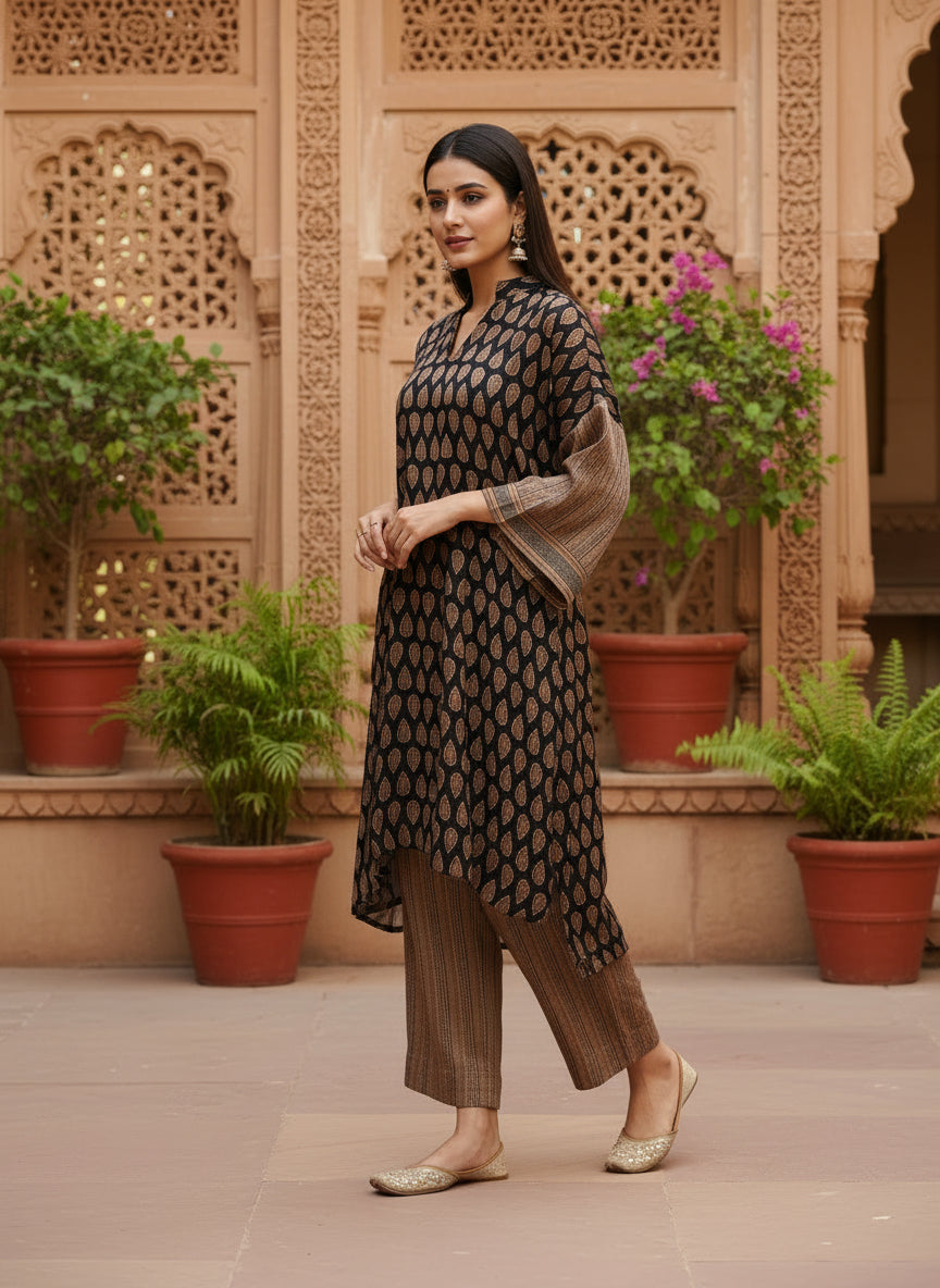 Black & Brown Printed Pure Bemberg Modal Kurta Set