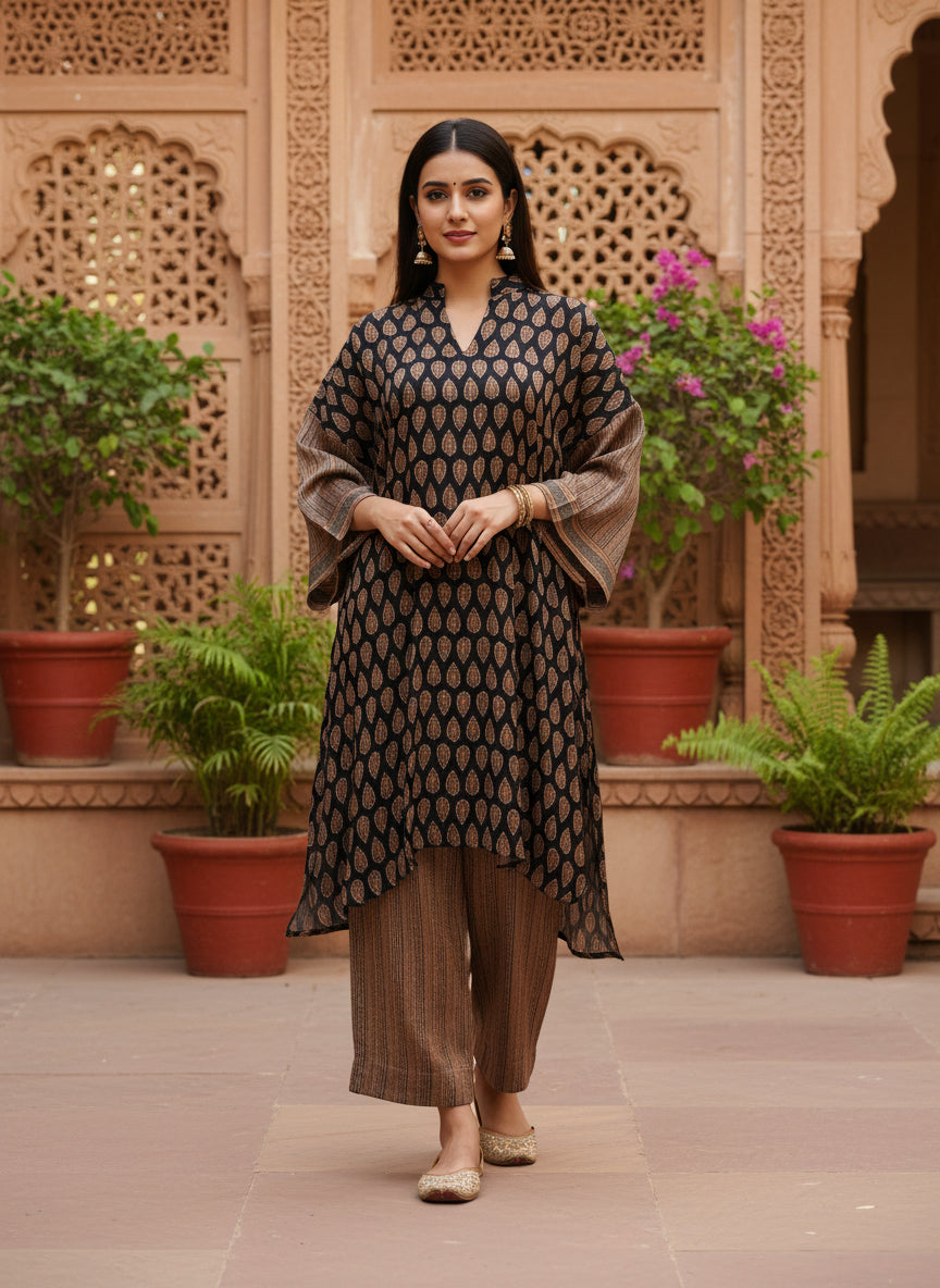 Black & Brown Printed Pure Bemberg Modal Kurta Set