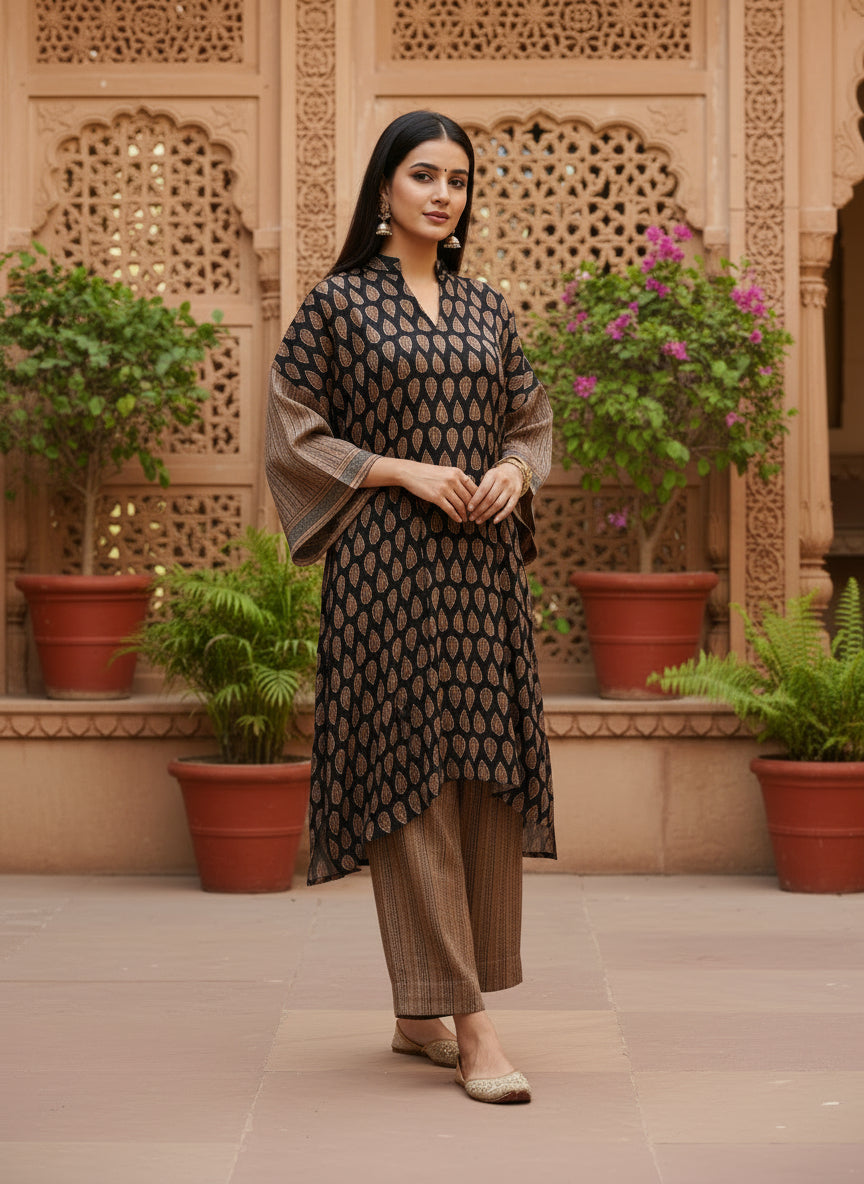 Black & Brown Printed Pure Bemberg Modal Kurta Set