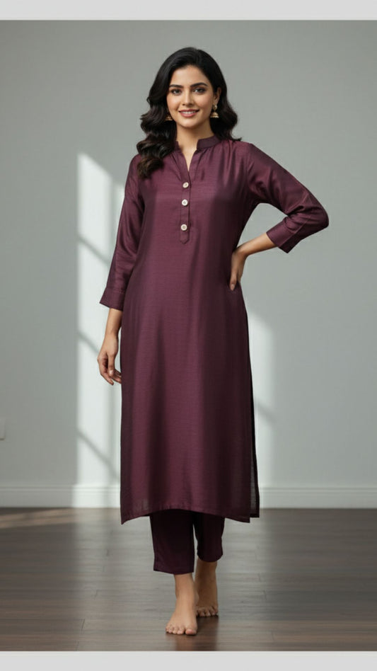 Wine Dola Silk Kurta Set