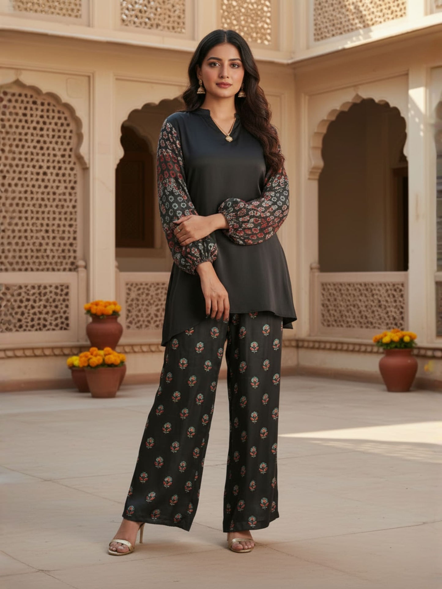 Black Printed Sleeve Co-ord Set