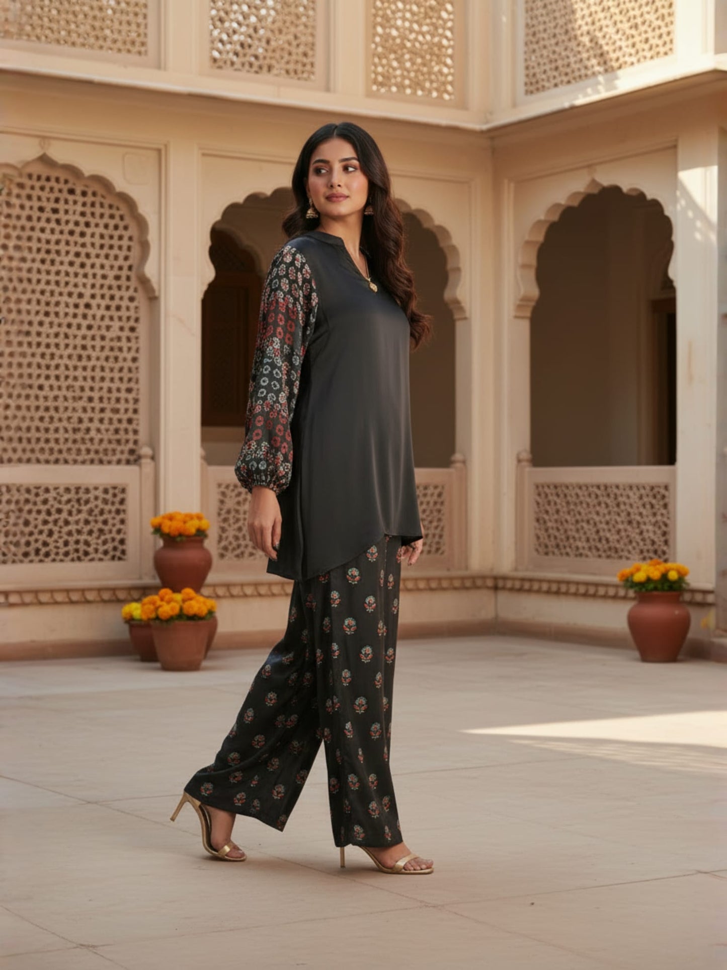 Black Printed Sleeve Co-ord Set