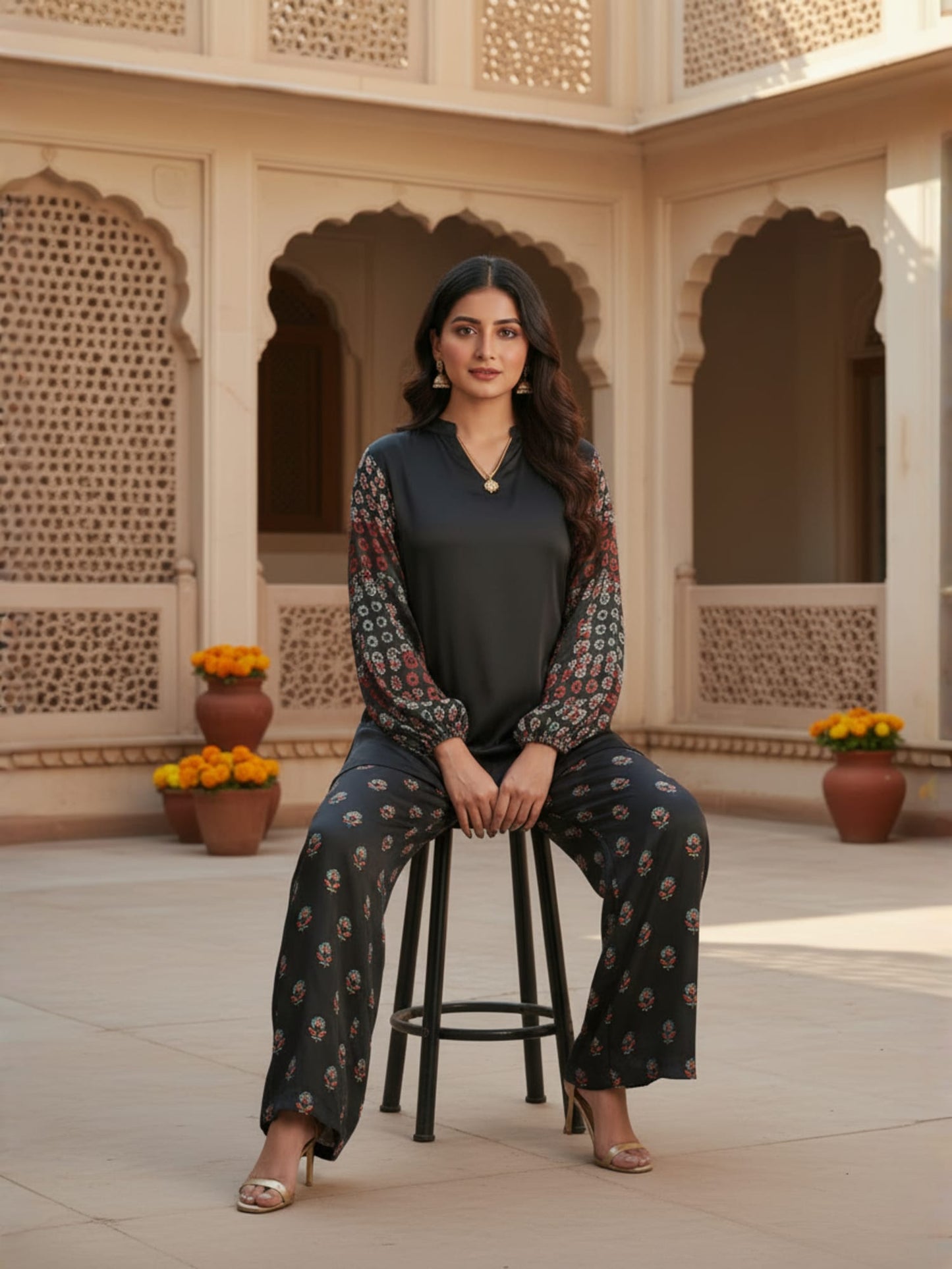 Black Printed Sleeve Co-ord Set